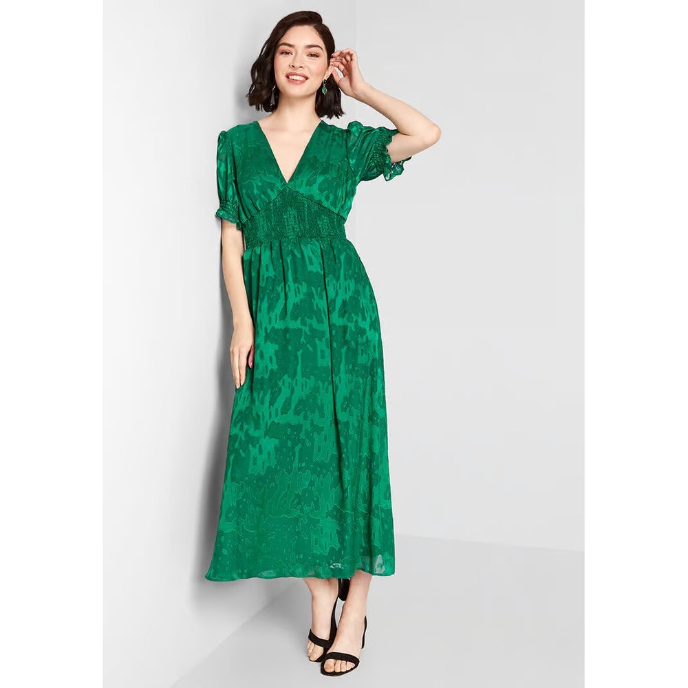 Hutch Empire Smocked Ruffle Short Sleeve Maxi Dress Holiday Green Pockets Size 6 - Picture 16 of 16